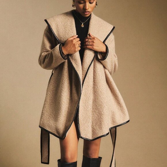 Camel Elegant Women's Skater Overcoat with Contrast Faux Leather Piping - Picture 5 of 9